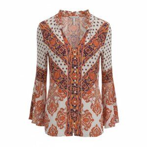 Free People Orange Medallion Boho Tunic Blouse Bell Sleeve Button Front XS